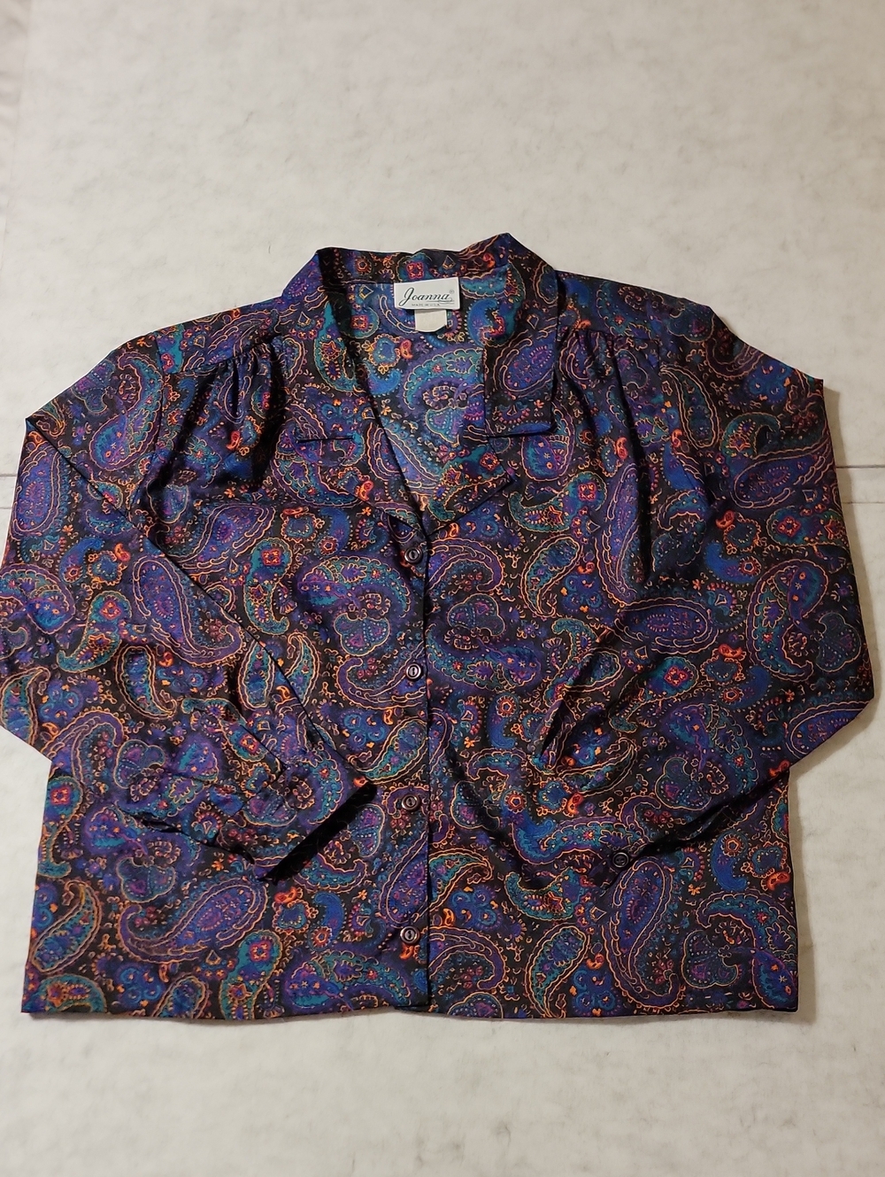 Vintage Joanna Blouse Size 14 Jewel Tone Paisley 4 Button Collared Shirt USA